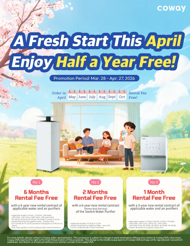 Coway April Promotion flyer: "A Fresh Start This April - Enjoy Half a Year Free!" featuring rental fee exemptions for water and air purifiers.