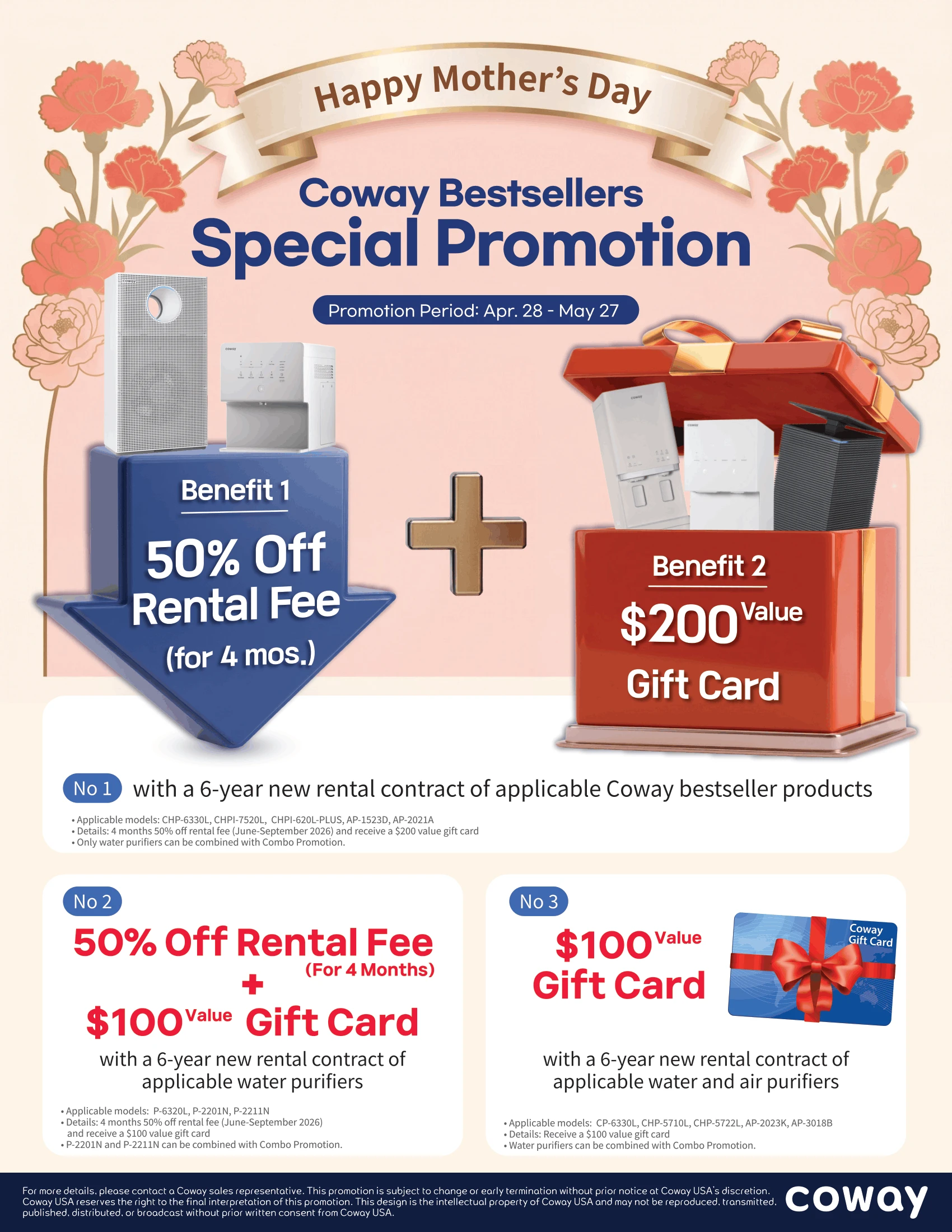 Mother's Day promotion banner for Coway bestsellers with 50% off rental fee and a $200 gift card offer (Apr 28–May 27).