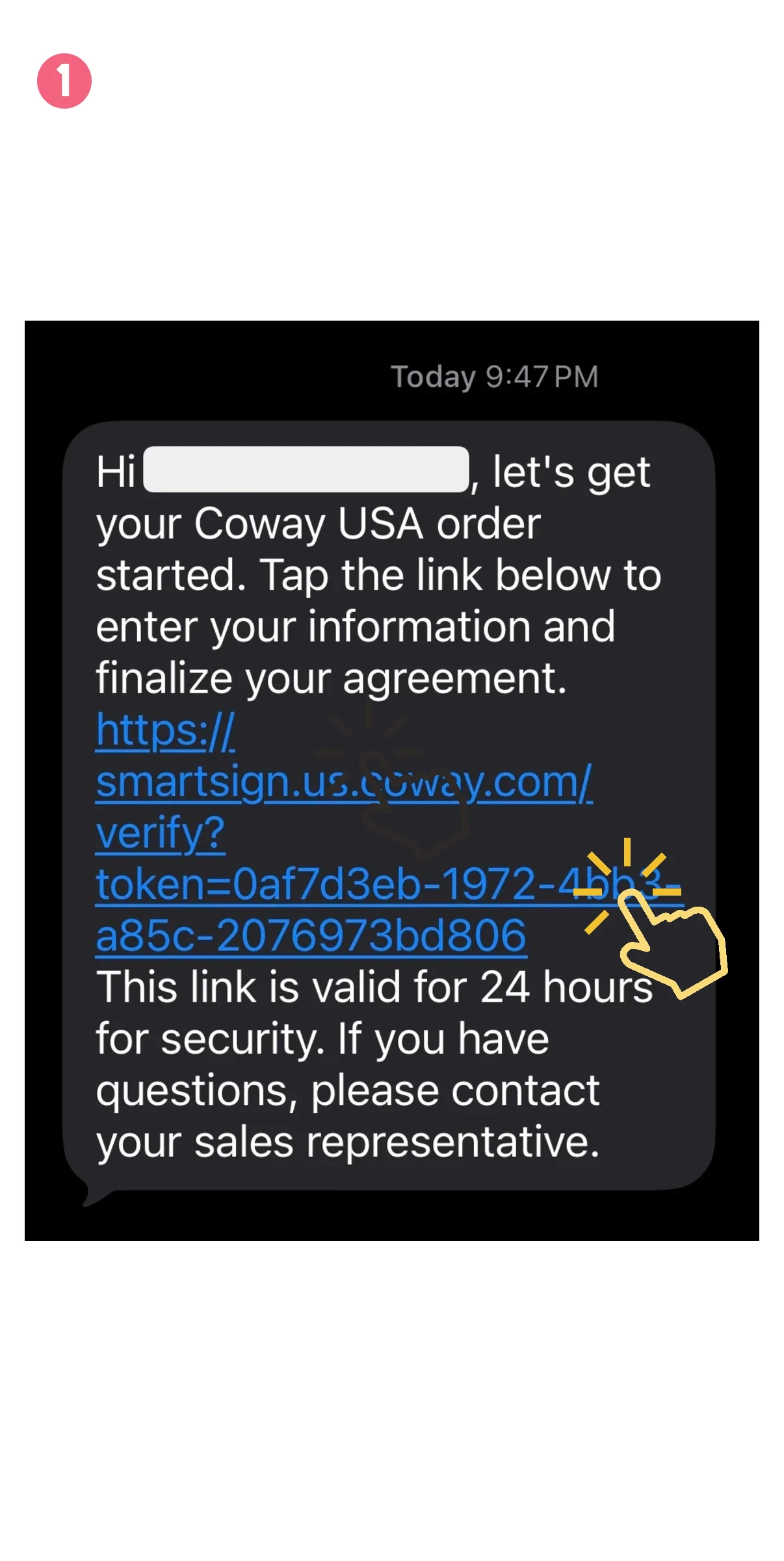 Screenshot of a dark chat bubble with a scam SMS asking to tap a link to verify a Coway USA order; blue links are visible and a hand icon appears to tap the link.