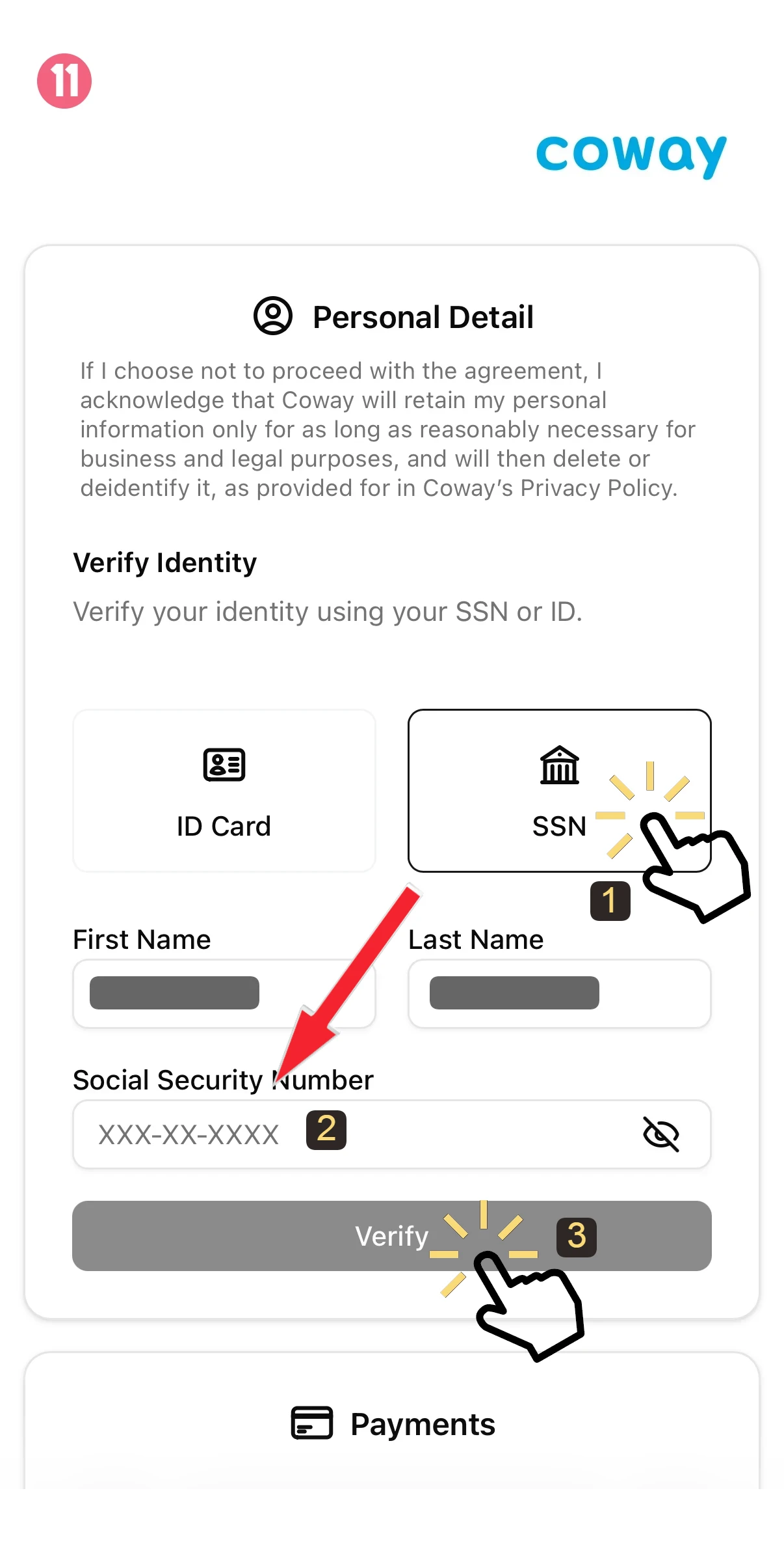 Mobile app screen titled Personal Detail showing identity verification: choose ID Card or SSN, enter first and last name, partial SSN, and a Verify button.