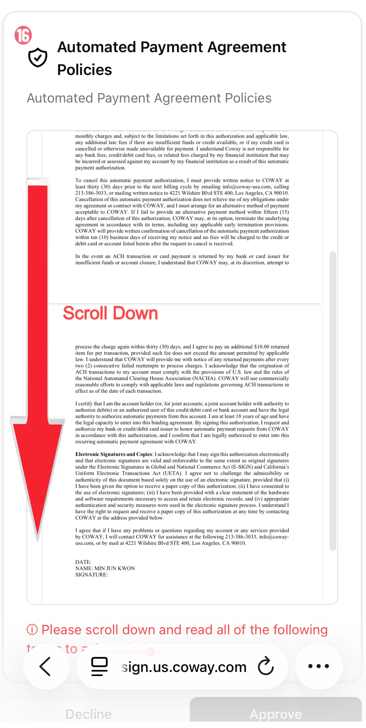 Screenshot of Automated Payment Agreement Policies page with a large red 'Scroll Down' arrow.
