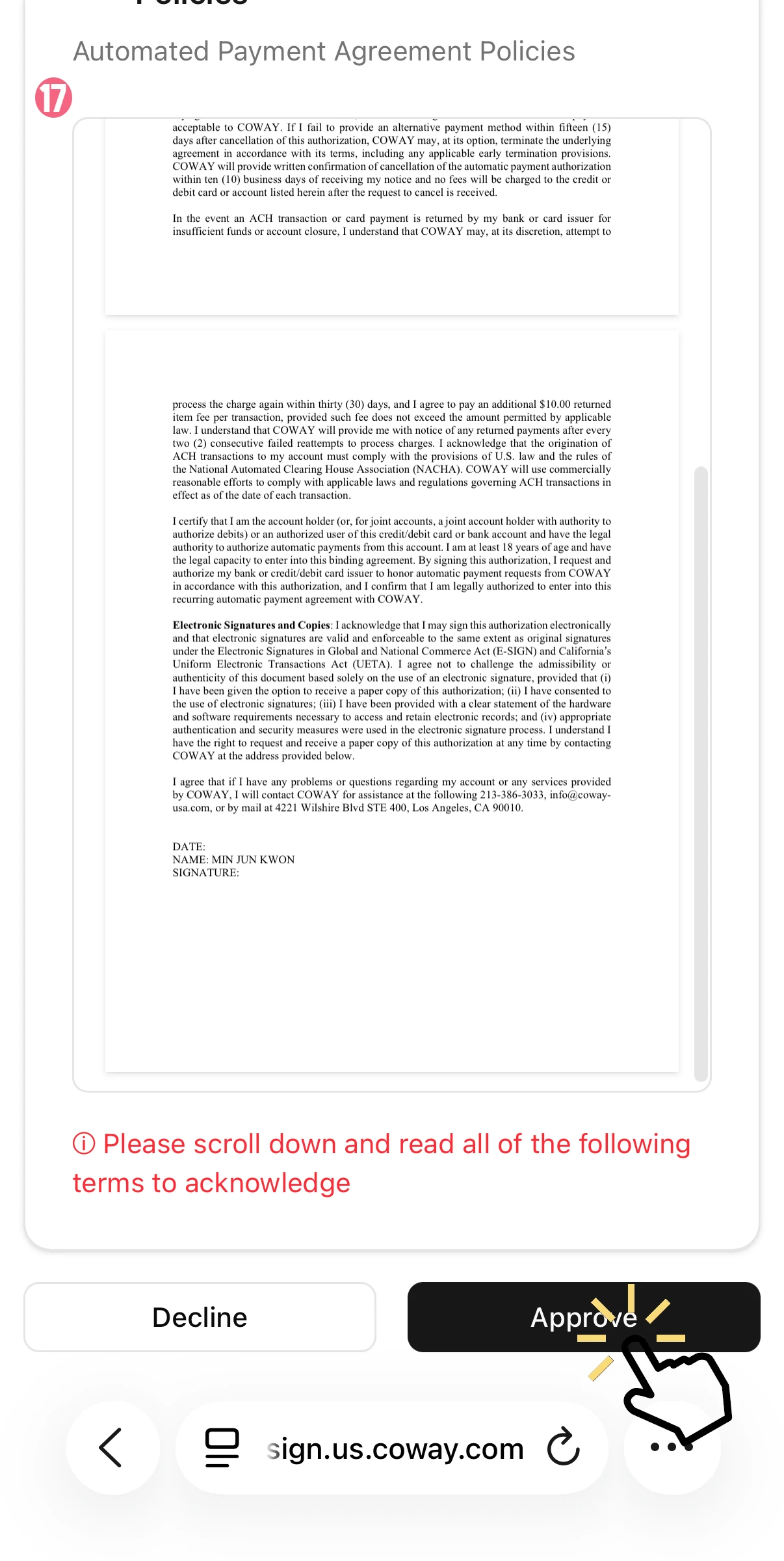 Consent screen showing 'Automated Payment Agreement Policies' with a document to read, a red notice to scroll, and Decline/Approve buttons; hand cursor on Approve.