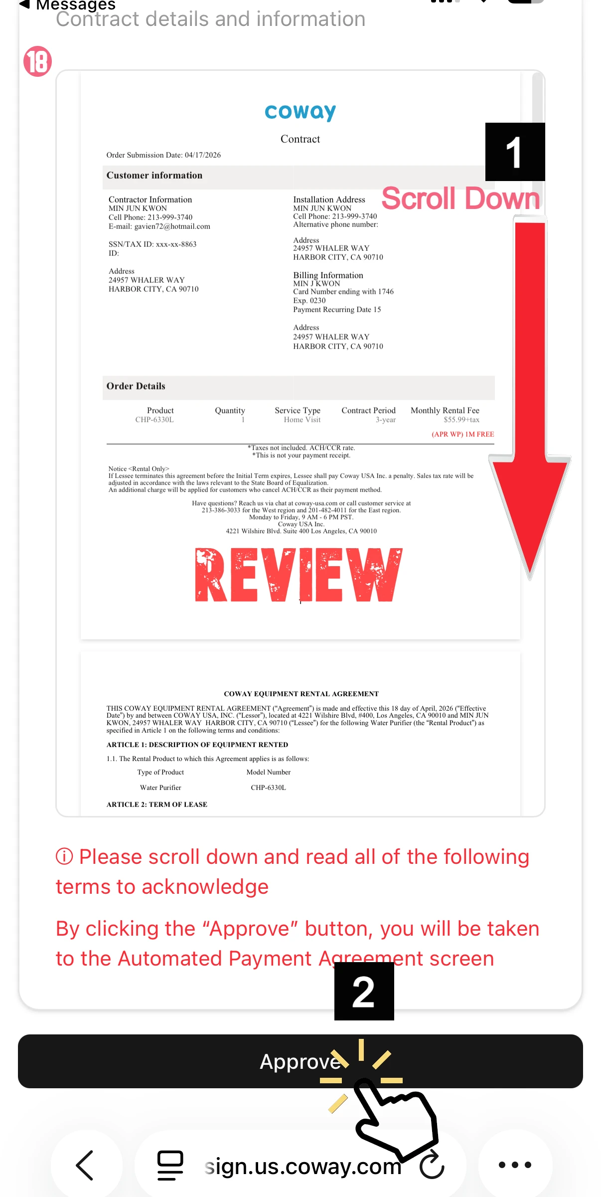 Screenshot of a contract details screen with a 'SCROLL Down' cue, a large red 'REVIEW' stamp, and an 'Approve' button at the bottom area.