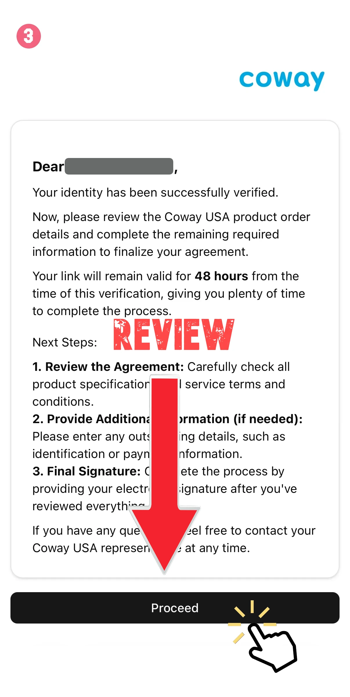 Verification instructions card from Coway with a red arrow pointing to the black Proceed button at the bottom.