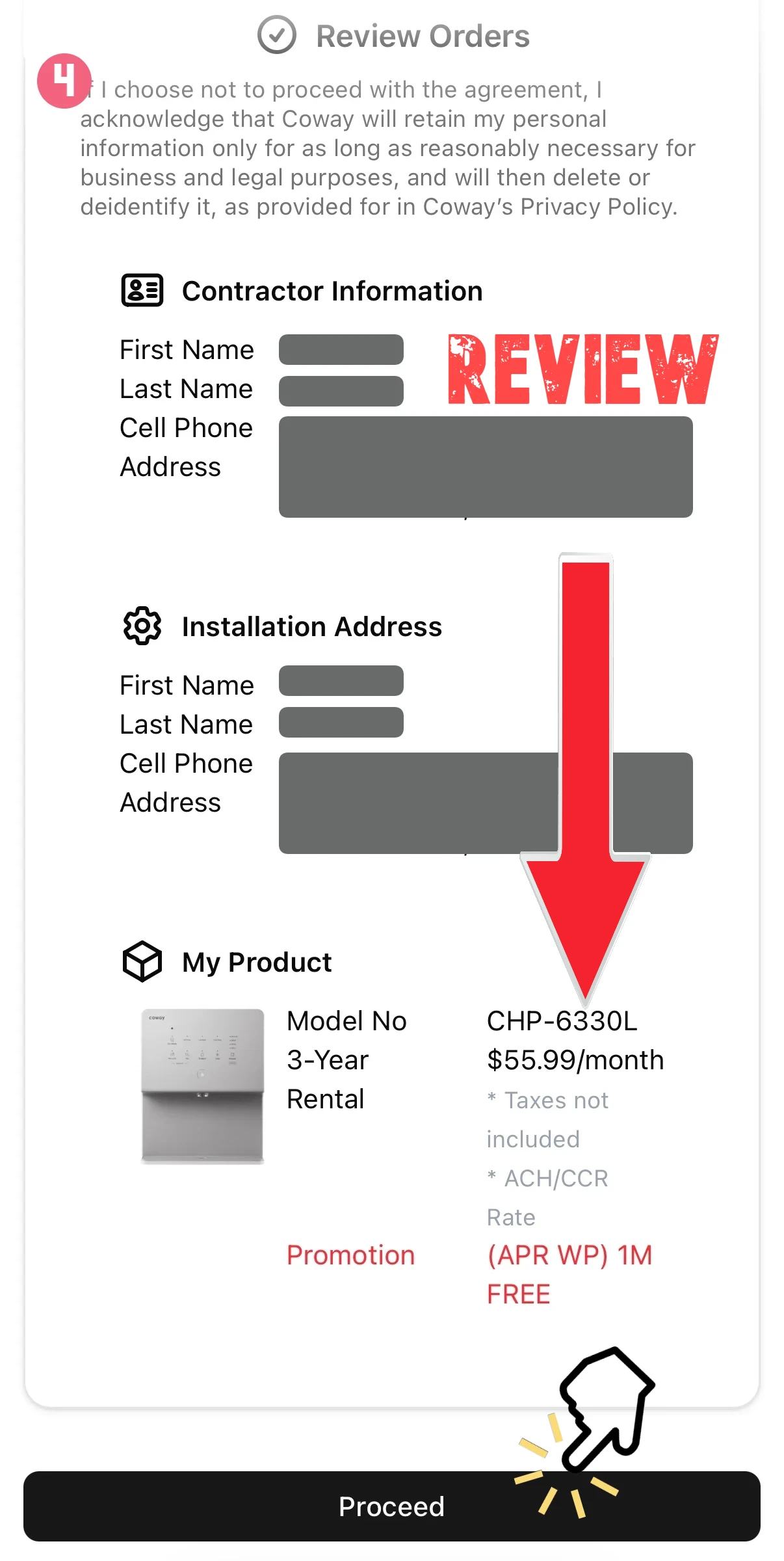 Screen shows a Review Orders page with contractor and installation address fields, a product card, and a large red REVIEW stamp with a downward red arrow indicating review step.