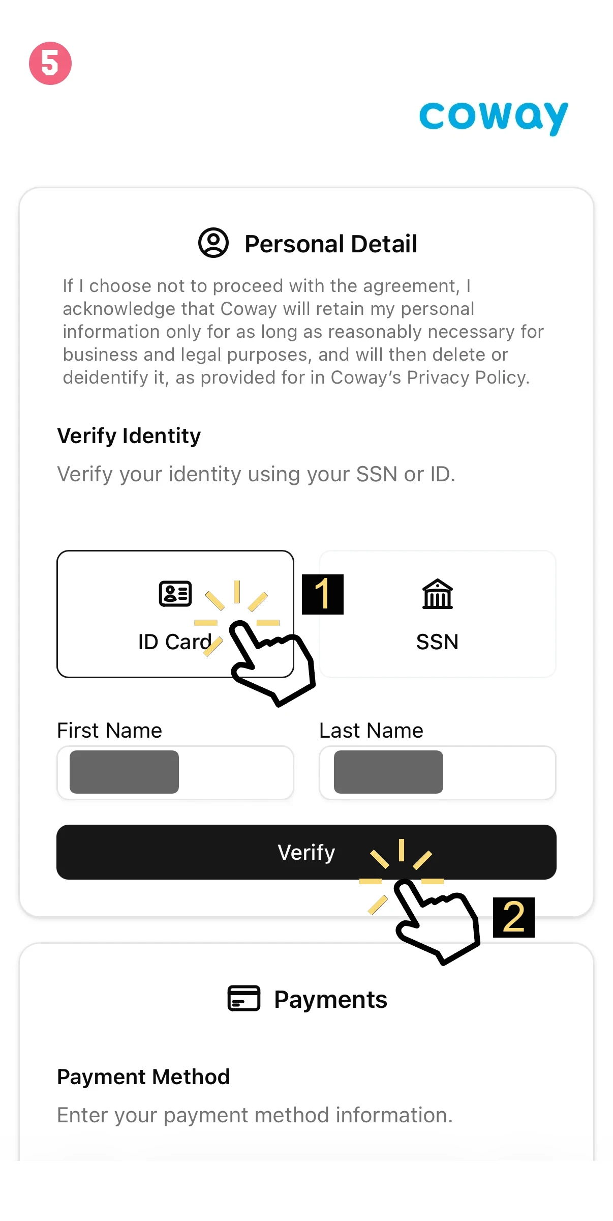 Mobile app screen showing Personal Detail form to verify identity: choose ID Card or SSN, fill in first and last name, then tap Verify; steps highlighted with 1 and 2 badges; Payments section below.