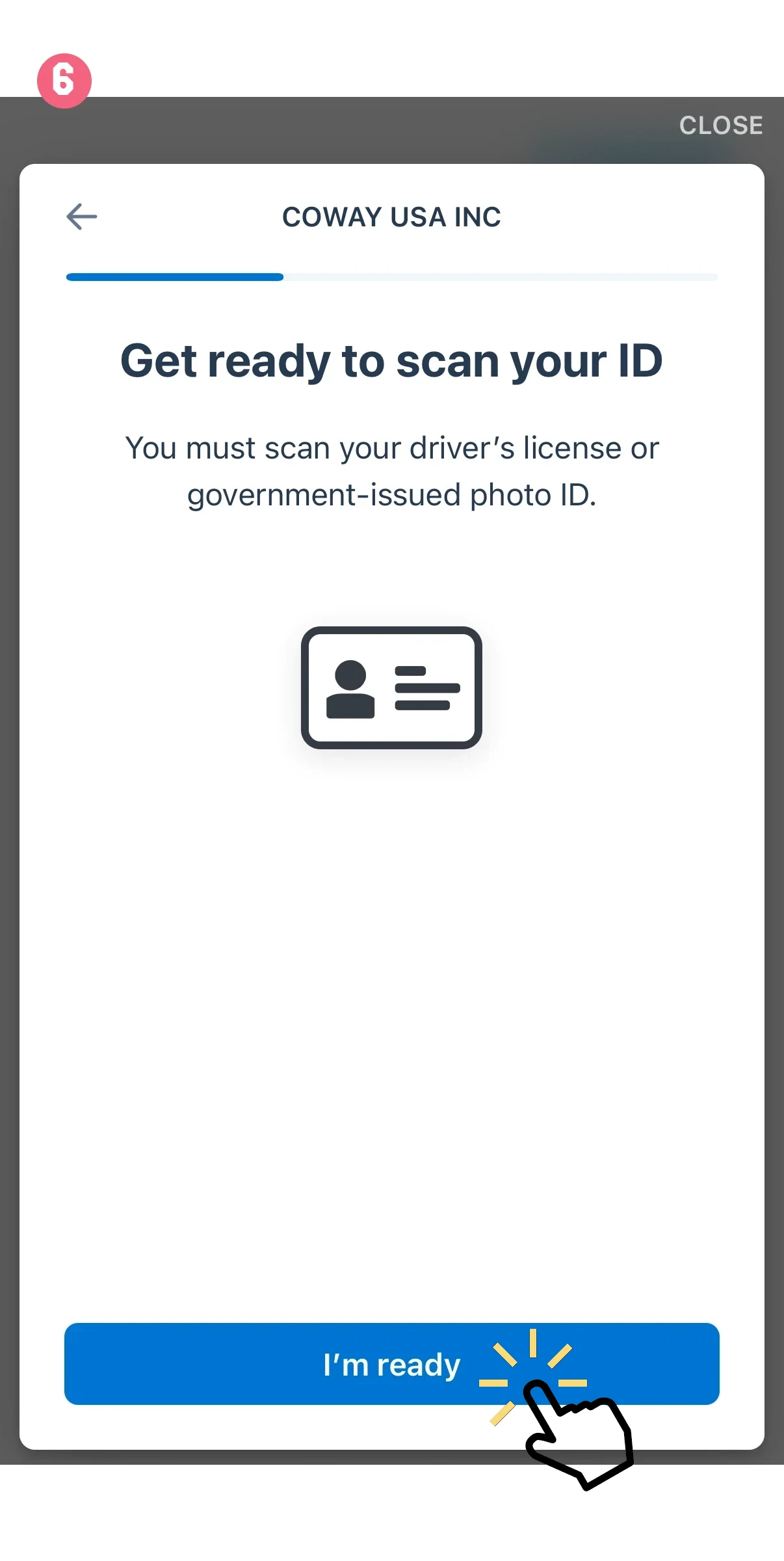 Screen prompt to get ready to scan ID with a card icon and a large blue 'I'm ready' button (cursor tapping) at the bottom.