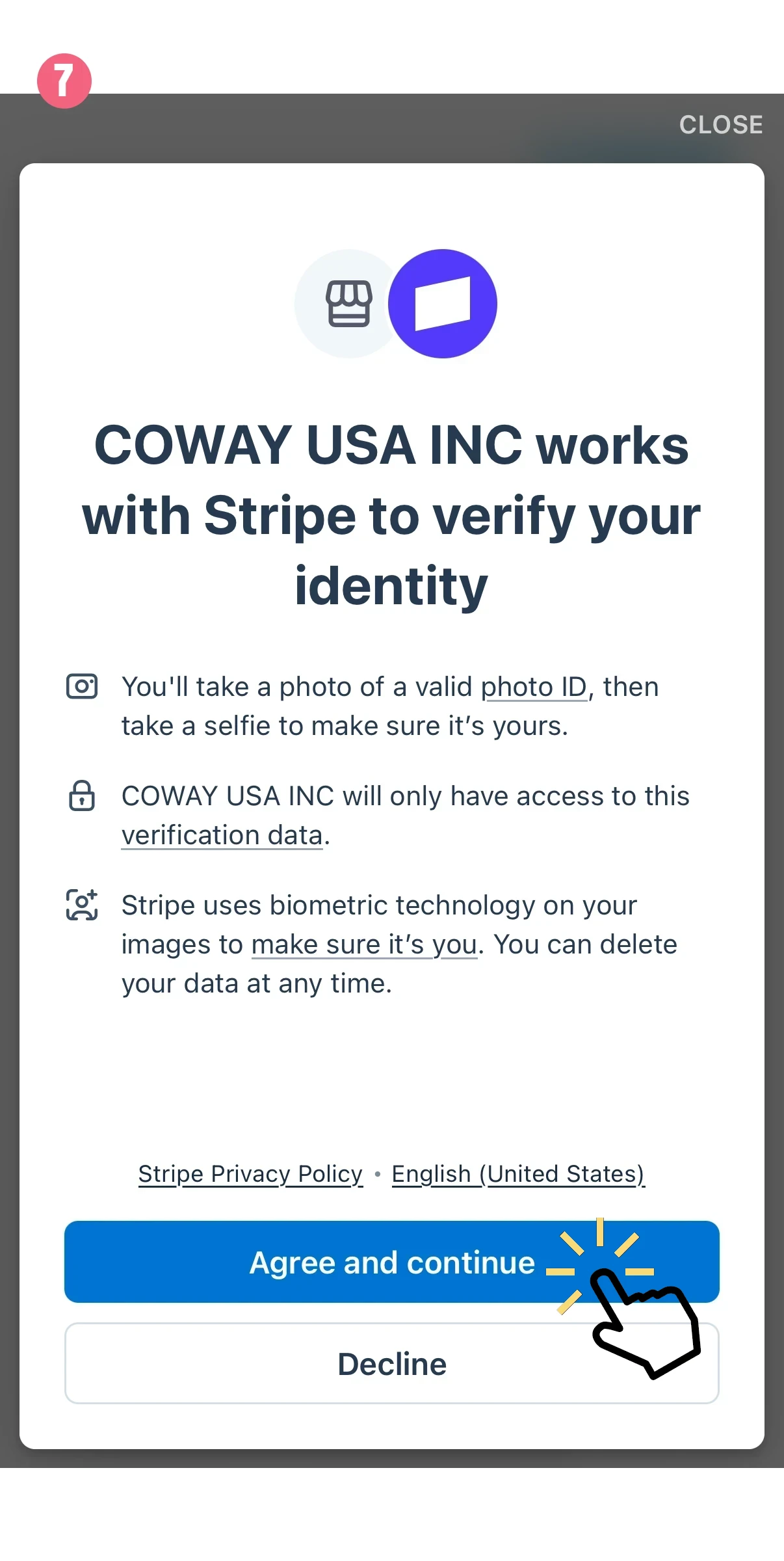 Consent modal for identity verification by COWAY USA INC with Stripe; blue 'Agree and continue' button highlighted below; Decline option visible.